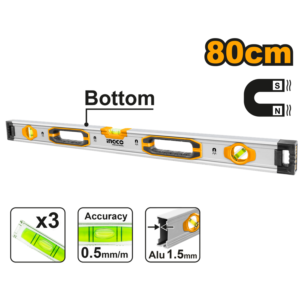 Spirit level with powerful magnets